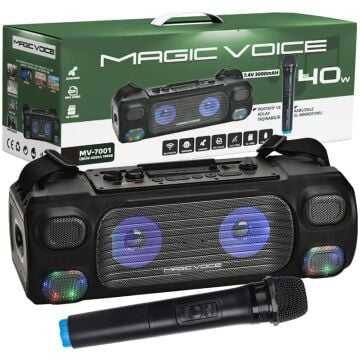 Magicvoice MV-7001 VHF El Mikrofonlu USB-SD-Bluetooth Işıklı 40 W Taşınabilir Şarjlı Seyyar Anfi