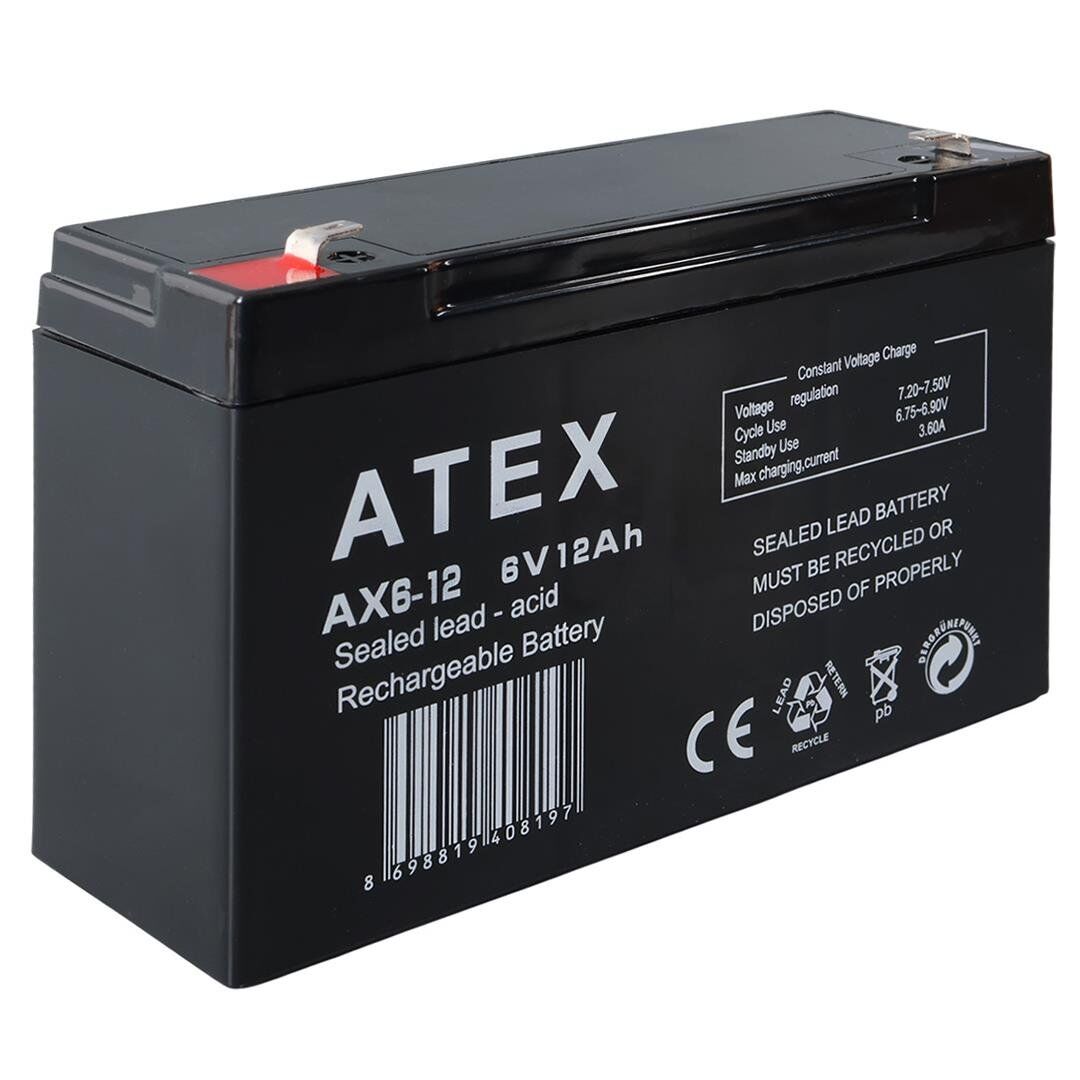 Atex AX6-12 6 Volt - 12 Amper Kuru Akülü Oyuncak Araba Aküsü Bakımsız (150 X 50 X 94 MM)