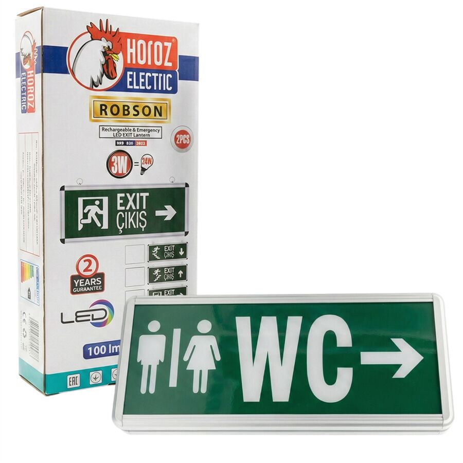 Horoz Robson 3W 160 Lümen Şarjlı WC Sağ Tuvalet Yön Levhası (2'li Paket)
