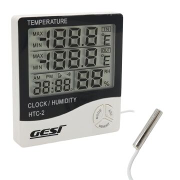 Gesi HTC-2 Dijital Ekranlı Isı ve Nem Ölçer Saat Alarm Dış Mekan Problu Termometre