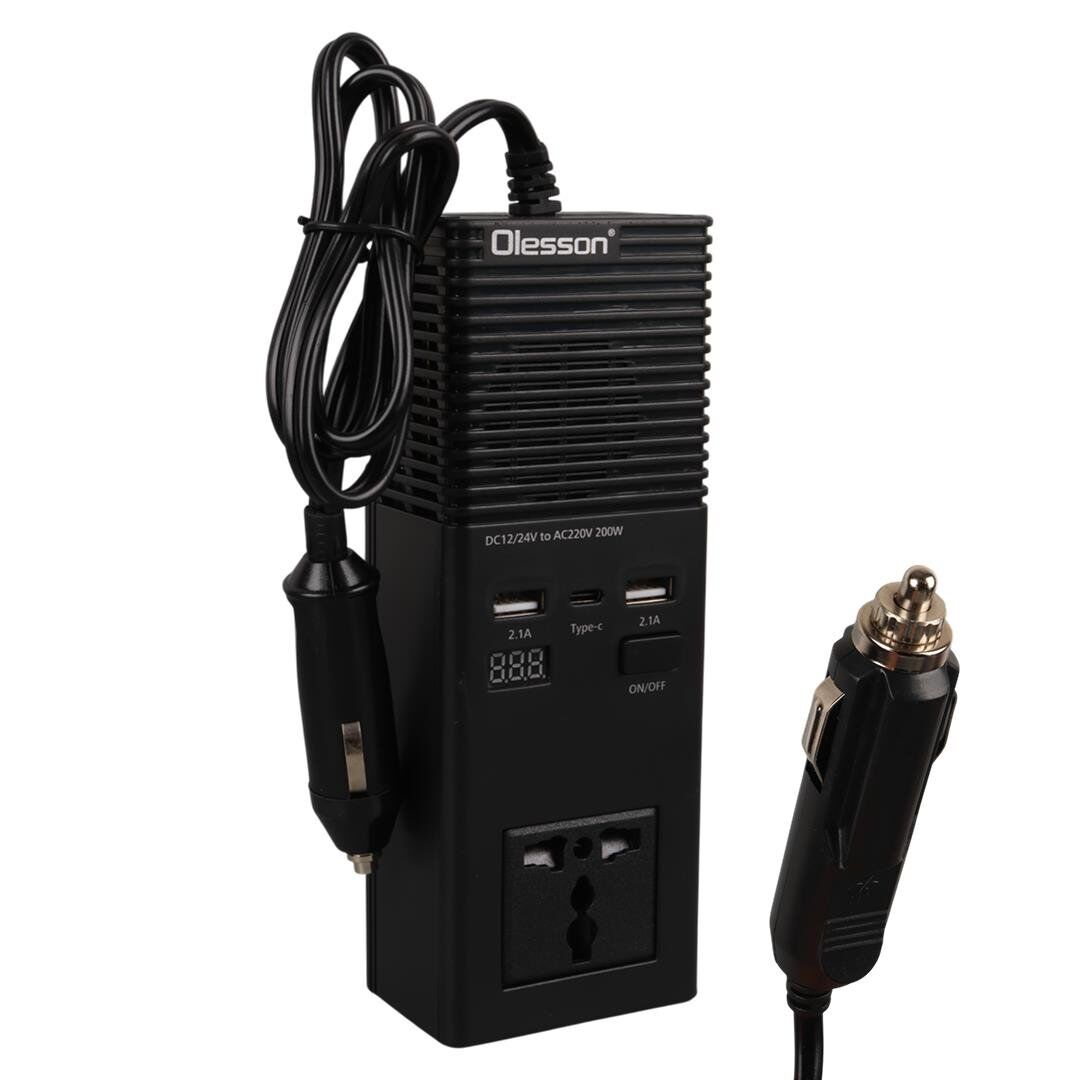 Olesson 1665 DC 12-24V 200W Oto Araç Power İnverter Ek Çakmak Girişi - TYPE-C - Çift USB - 220V Üniversal Priz İvertör
