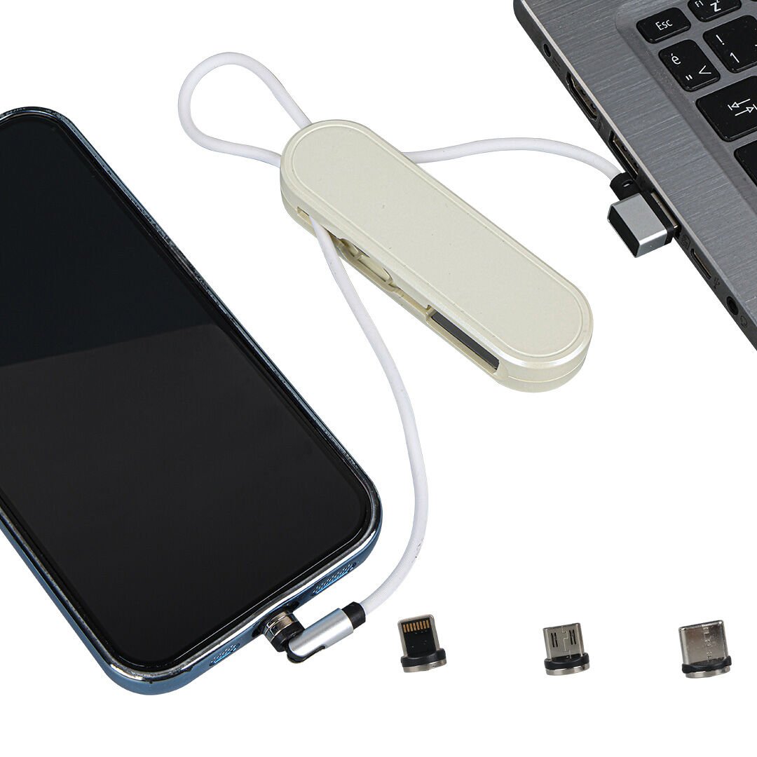 Powermaster PM-25905 Beyaz 3in1 (Type C- Lightning-Micro Usb) Manyetik Uç Taşınabilir Şarj Kablosu