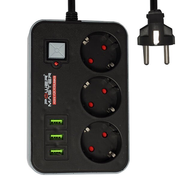Powermaster 3 USB Çıkışlı 1.8 Metre Kablolu 3'lü Akım Korumalı Priz (10A-2500 Watt) PM-17564