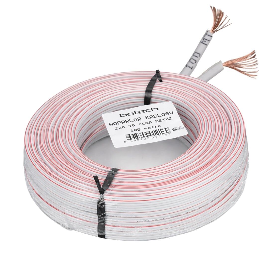 Botech 2x0.75mm CCAM 48 Tel Beyaz Kırmızı Kodlu 100 Metre CCA Hoparlör Kablosu
