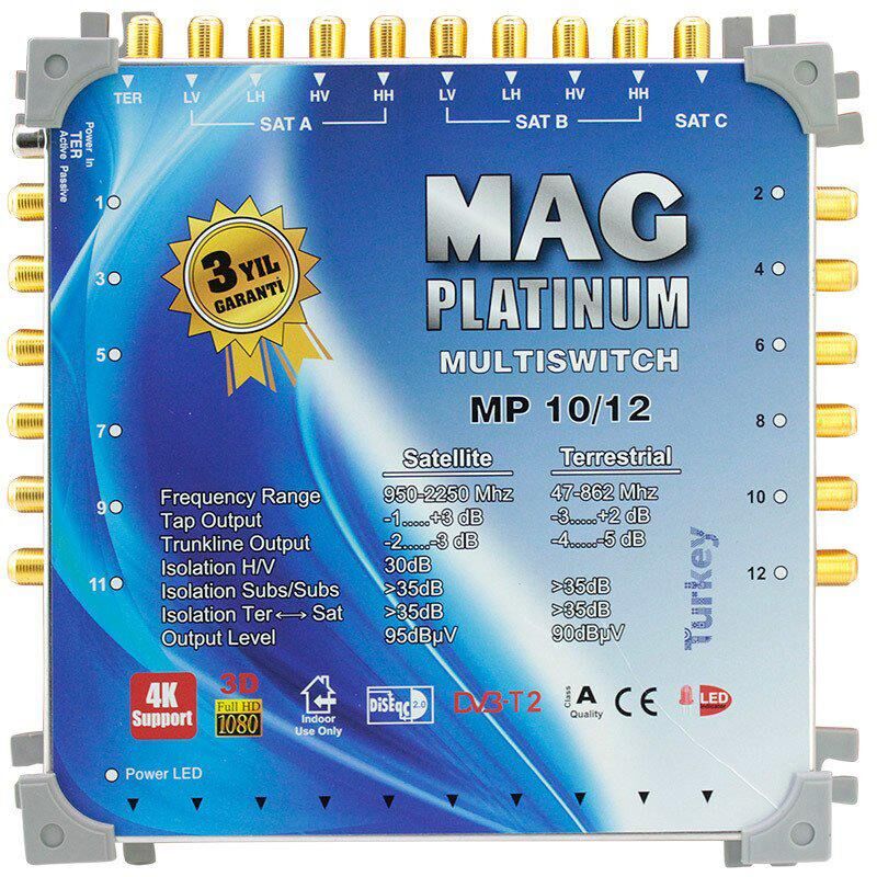 MAG Platinum MP 10/12 Multiswitch - 10 Giriş 12 Çıkışlı Merkezi Uydu Santrali Hybrid 4K ve 3D Destekli