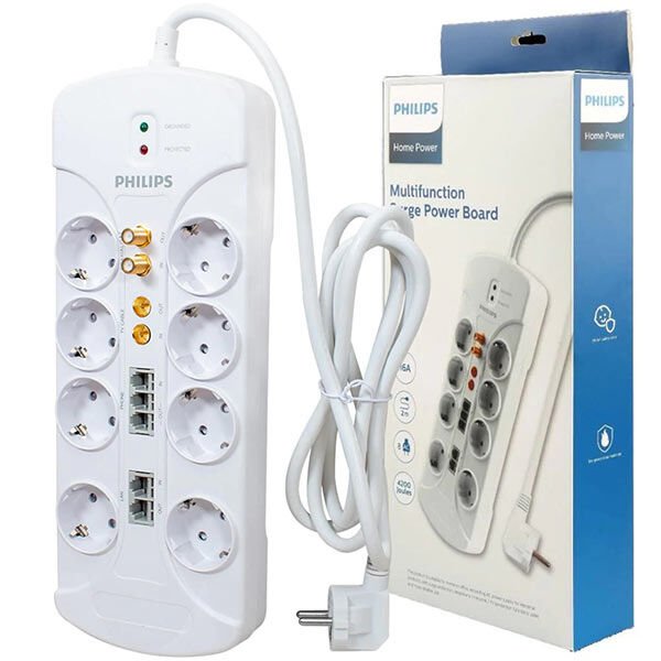 PHILIPS SPS1063A/51 8Lİ 2 METRE KABLOLU 4200 JOULE RJ45/RJ11/ANTEN GİRİŞLİ AKIM KORUMALI PRİZ BEYAZ