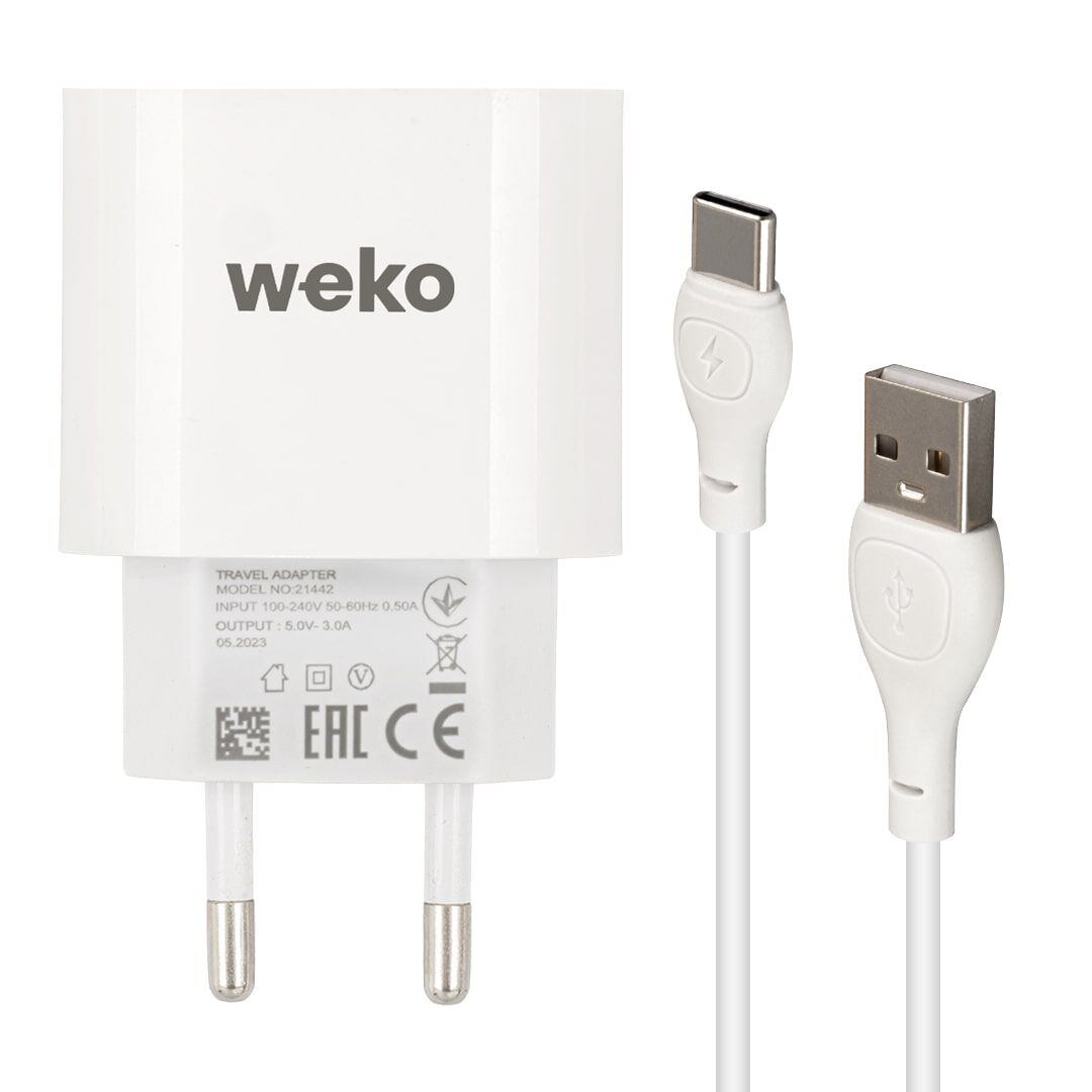Weko WK-21442 PDU QC 3.0 Amper Telefon Şarj Başlık Adaptörü + Type-C Kablo