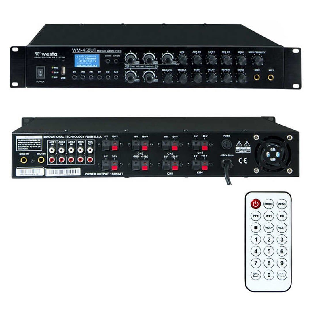 Westa WM-450UT 450W 6 Bölge Kontrollü Profesyonel Mikser Anfi Bluetooth, USB ve Eko Destekli Hat Trafolu Güç Ünitesi