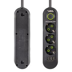 Vea VA-21557 3'lü 3 USB'li 1.5 Metre Akım Korumalı Priz Siyah
