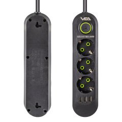 Vea VA-21557 3'lü 3 USB'li 1.5 Metre Akım Korumalı Priz Siyah
