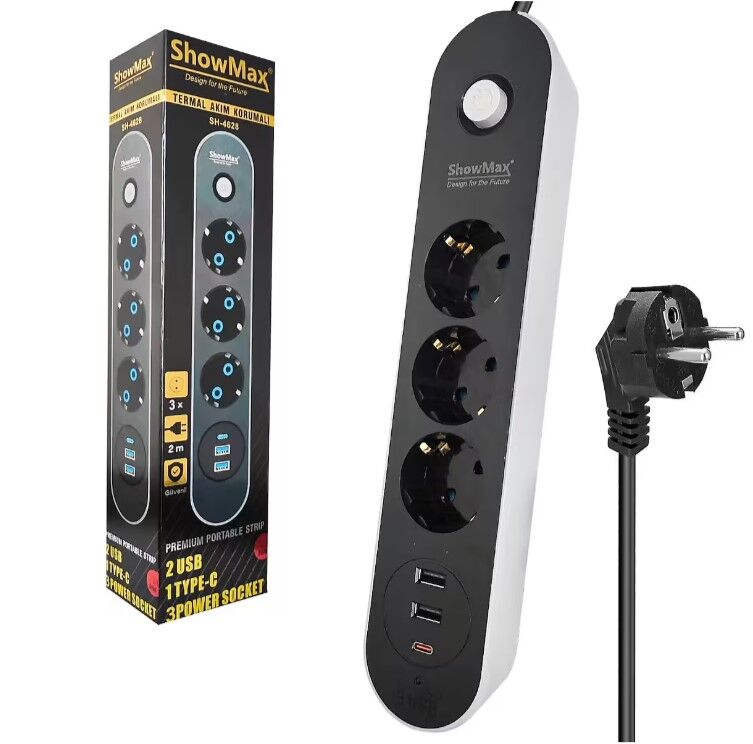 SHOWMAX SH-4628 TERMAL AKIM KORUMALI PRİZ 3 PRİZ+2 USB+1 TYPE-C GİRİŞ