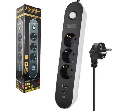 SHOWMAX SH-4628 TERMAL AKIM KORUMALI PRİZ 3 PRİZ+2 USB+1 TYPE-C GİRİŞ