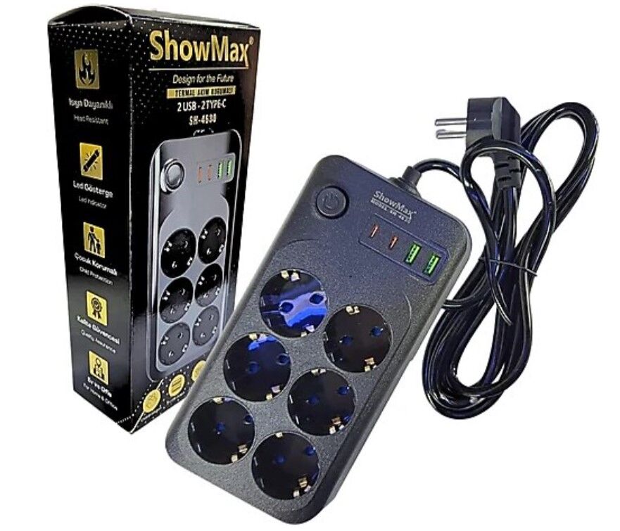 SHOWMAX SH-4630 TERMAL AKIM KORUMALI PRİZ 6 PRİZ+2 USB+2 TYPE-C GİRİŞ