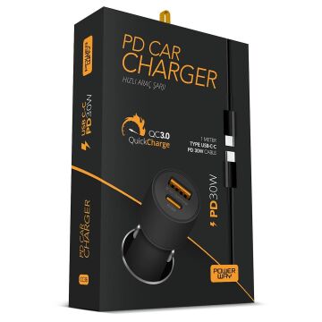 Powerway CC36 30W PD + QC 3.0 Çift Çıkışlı Metal Araç Çakmaklık Hızlı Şarj Kablolu Set