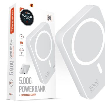 Powerway 5.000mAh PD15W Magsafe Kablosuz Wireless Taşınabilir Şarj Cihazı Beyaz Powerbank TXM5