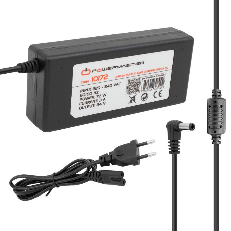 POWERMASTER PM-10172 24 VOLT - 3 AMPER - 72 WATT 5.5*2.5 MM L UÇLU PLASTİK KASA MASAÜSTÜ ADAPTÖR