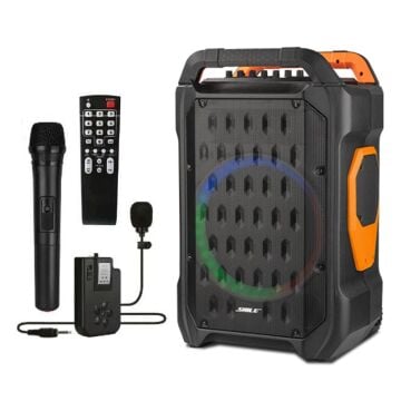Shile SL-10 120 Watt Taşınabilir Seyyar Amfi Hoparlör Kablosuz 1 EL + 1 Yaka Mikrofonlu Kumandalı USB+SD+BT