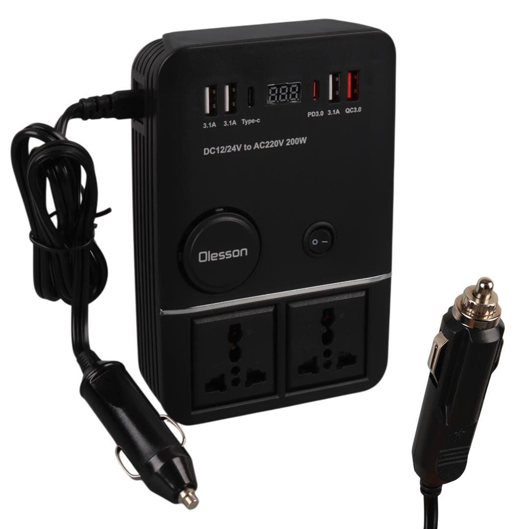 Olesson 1661 DC 12-24V 200W Oto Araç Power İnverter 2x Çakmak Girişi - 2x TYPE-C - 4x USB - 2x 220V Üniversal Priz İnvertör