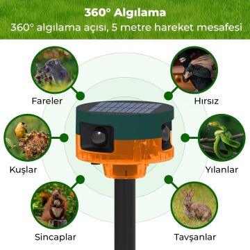 PowerMaster PM-26946 13 Farklı Sesli Hayvan Kovucu Alarm Cihazı Mikrofonlu Solar Panelli