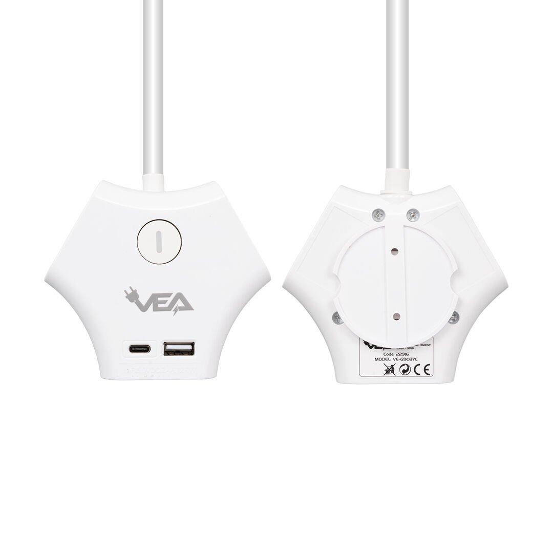 Vea VE-G903YC 3'lü USB+ Type-C Girişli Anahtarlı 1.5 Metre Grup Priz