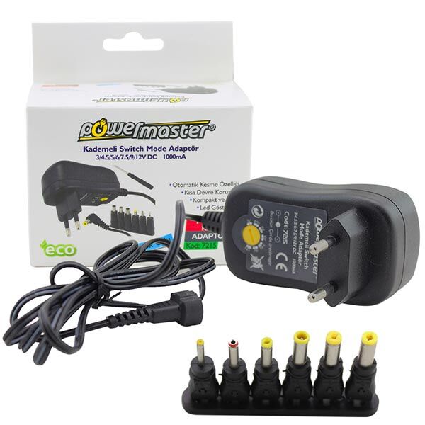 Powermaster PM-7215 3 Volt - 12 Volt - 1 Amper - 30 Watt Çok Uçlu Ayarlı Switch Mode Adaptör