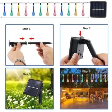 PowerMaster PM-29078 8 Modlu Solar 12M Renkli Su Damlası LED Zinciri - Su Geçirmez Bahçe ve Balkon Aydınlatması