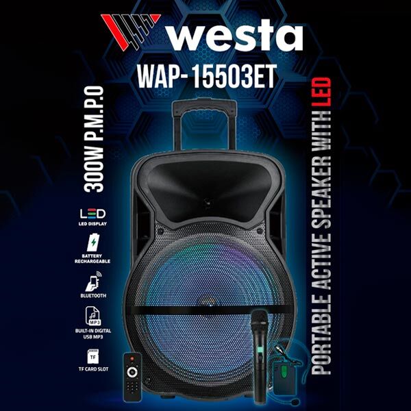 WESTA WAP-15503ET 15 USB-SD-BLUETOOTH-UKLI (1 EL-1 YAKA MİK.) 300W AKTİF SEYYAR TAŞINABİLİR HOPARLÖR