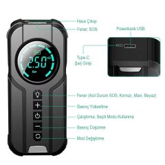 PowerMaster Powerbank Araç Akü Şarj Lastik Hava Kompresörü Şişirici Taşınabilir Dijital Kablosuz El Feneri