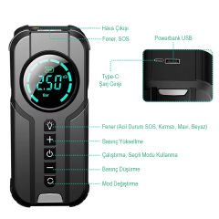 PowerMaster Powerbank Araç Akü Şarj Lastik Hava Kompresörü Şişirici Taşınabilir Dijital Kablosuz El Feneri