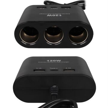 Olesson 1653 12-24V Çift USB + TYPE-C Girişli 100W 70cm Kablolu 3'lü Araç Çakmak Çoklayıcı