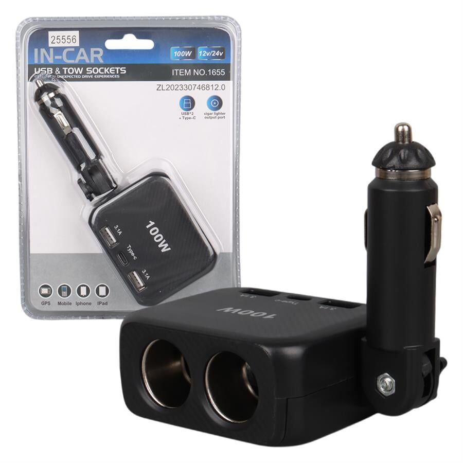 Olesson 1655 12-24V TYPE-C + Çift USB-A Girişli 100W 2'li Araç Çakmak Çoklayıcı