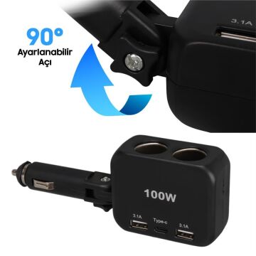 Olesson 1655 12-24V TYPE-C + Çift USB-A Girişli 100W 2'li Araç Çakmak Çoklayıcı