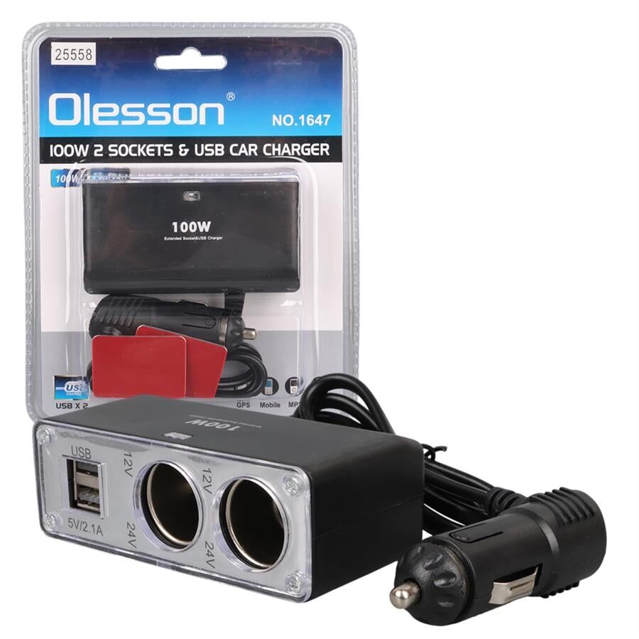 Olesson 1647 12-24V Çift USB Girişli 100W 70cm Kablolu 2'li Araç Çakmak Çoklayıcı