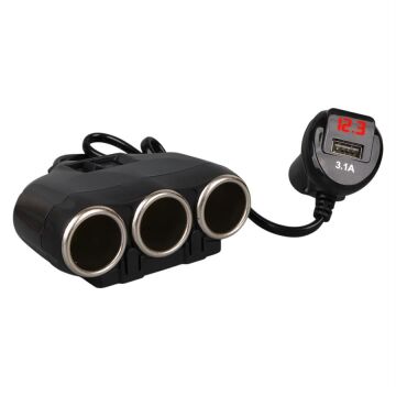 Olesson 1634 12-24V Tek USB Girişli 120W 80cm Kablolu Dijital Voltaj Ekranlı 3'lü Araç Çakmak Çoklayıcı