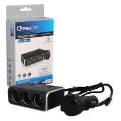 Olesson 1639 12-24V Çift USB Girişli Hızlı Şarj Destekli 120W 80cm Kablolu Dijital Voltaj Ekranlı 3'lü Araç Çakmak Çoklayıcı