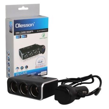 Olesson 1639 12-24V Çift USB Girişli Hızlı Şarj Destekli 120W 80cm Kablolu Dijital Voltaj Ekranlı 3'lü Araç Çakmak Çoklayıcı