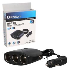 Olesson 1635 12-24V Çift USB Girişli 100W 70 CM Kablolu 3'LÜ Araç Çakmak Çoklayıcı 100x66x40mm
