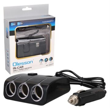 Olesson 1506 12-24V Çift USB Girişli 120W 80 CM Kablolu 3'LÜ Araç Çakmak Çoklayıcı