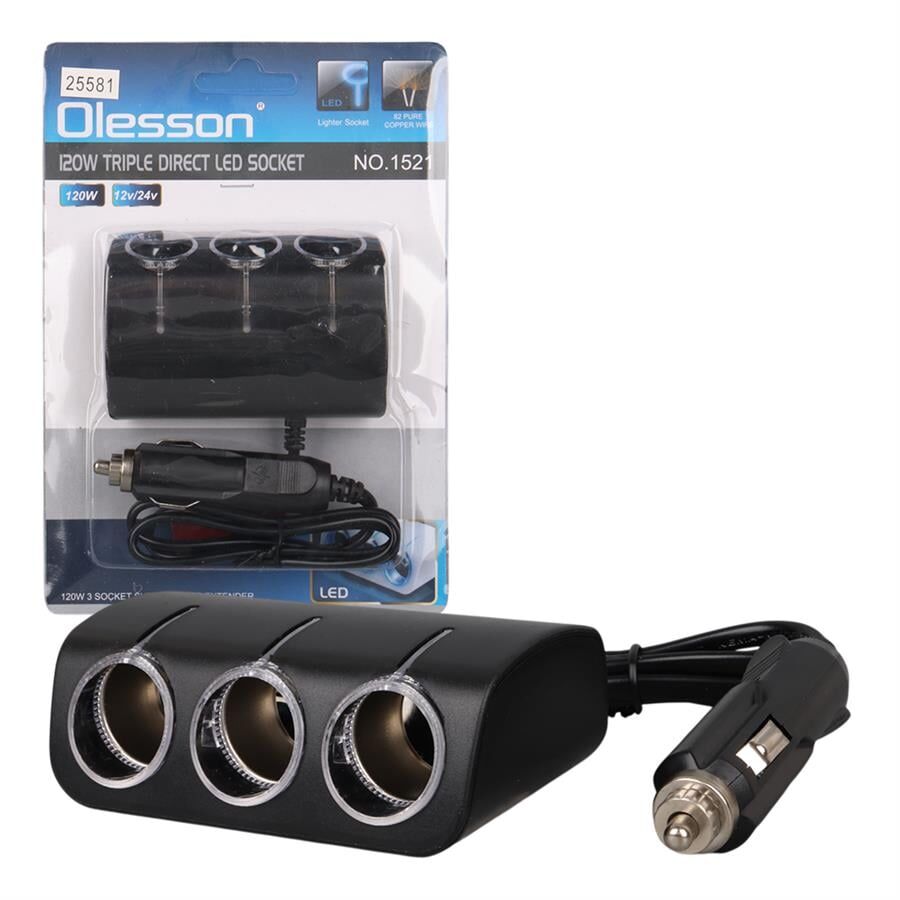 Olesson 1521 12-24V 120W 80 CM Kablolu 3'LÜ Araç Çakmak Çoklayıcı