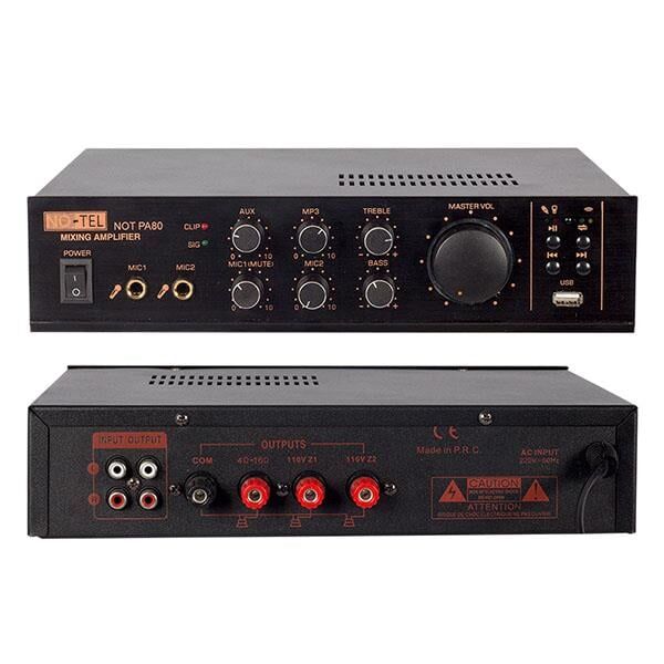 No-Tel 50 W Mini USB-SD-Bluetooth 70-100 V 2 Mik. Giriş Trafolu Anfi NOT-PA80