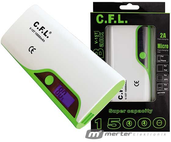 CFL V15T 15000 MA 1A-2A ÇİFT ÇIKIŞLI LCD EKRANLI POWERBANK