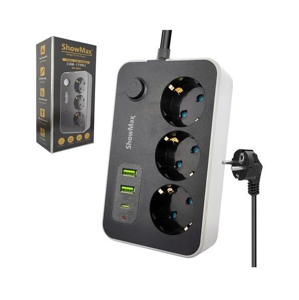 SHOWMAX SH-4626 TERMAL AKIM KORUMALI PRİZ 3 PRİZ+2 USB+1 TYPE-C GİRİŞ