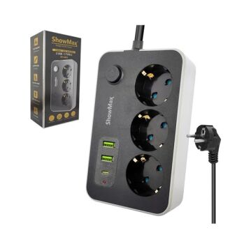 SHOWMAX SH-4626 TERMAL AKIM KORUMALI PRİZ 3 PRİZ+2 USB+1 TYPE-C GİRİŞ