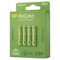 Gp Recyko 950 mAh AAA 4'lü Şarjlı İnce Kalem  Pil GP100AAAHCE-2EB4 (GPRHC103E001)