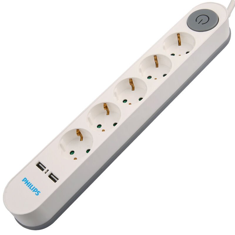 PHILIPS SPS1153A/51 5Lİ 2 METRE KABLOLU ÇİFT USBLİ ANAHTARLI BEYAZ AKIM KORUMALI PRİZ