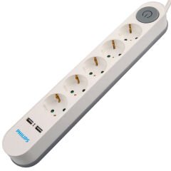 PHILIPS SPS1153A/51 5Lİ 2 METRE KABLOLU ÇİFT USBLİ ANAHTARLI BEYAZ AKIM KORUMALI PRİZ