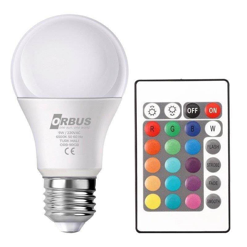 ORBUS 9 WATT 6500K 800 LUMEN KUMANDALI RGB IŞIK E27 LED AMPUL
