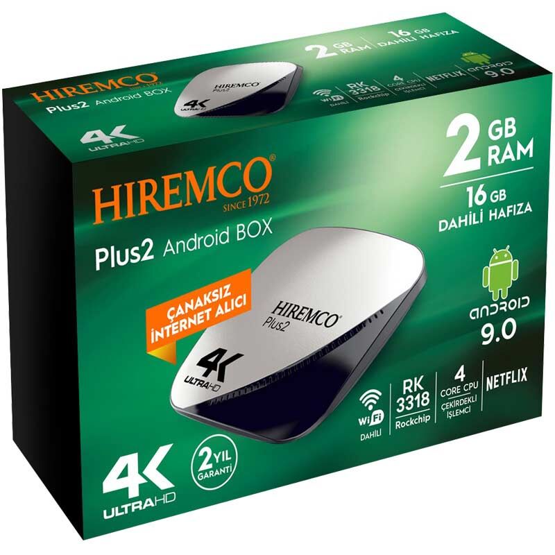 HIREMCO PLUS2 4K 9.0 ANDROID BOX 2GB DDR3 RAM 16GB HAFIZA DAHİLİ WİFİ NETFLIX UYDU ALICISI