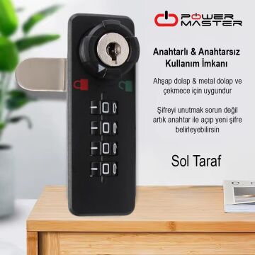 PowerMaster PM-26731 4 Haneli Şifreli Ve Anahtarlı Mekanik Siyah Çekmece Dolap Kilidi (Sol)