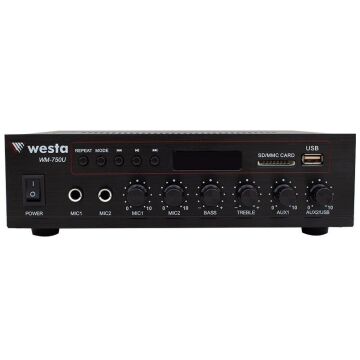 Westa WM-750U 80 Watt 100V-70V Mini 4-16 Ohm USB-SD-Bluetooth 2 Mikrofon Girişli Trafolu Anfi